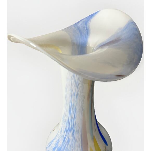 9.5” Blown Glass Tulip Flutter Vase Vintage Joska Germany White & Blue Swirl - Picture 3 of 7